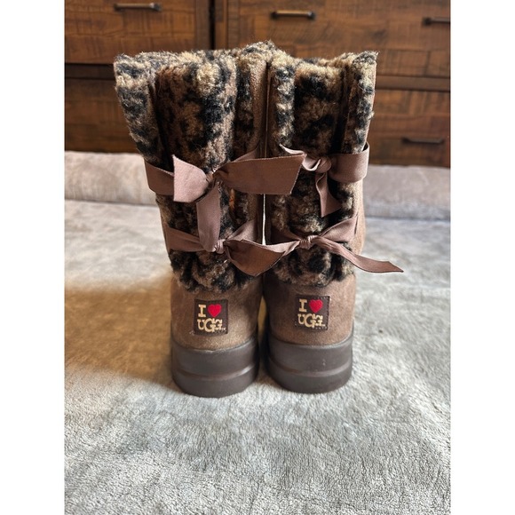 UGG Suede Leather Tall Boots Brown Bow Accents Leopard Print Trim Size 9 - Picture 5 of 7